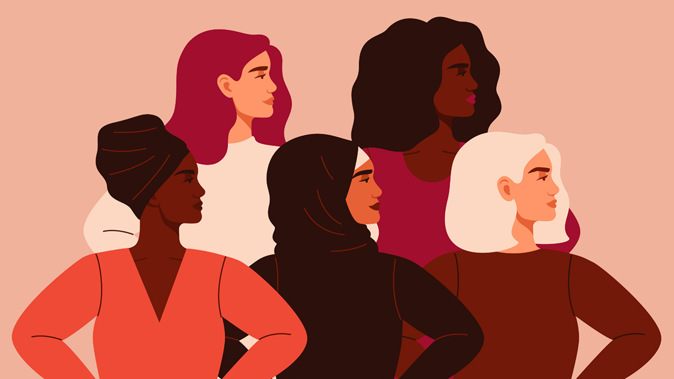 International Women's Day illustration of 5 women looking sideways to the right