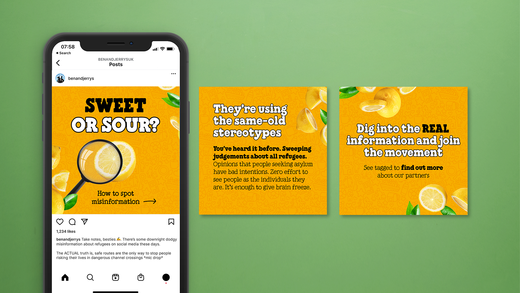 Illustrative social post for Ben & Jerrys myth busting stereotypes and opinions of asylum seekers.