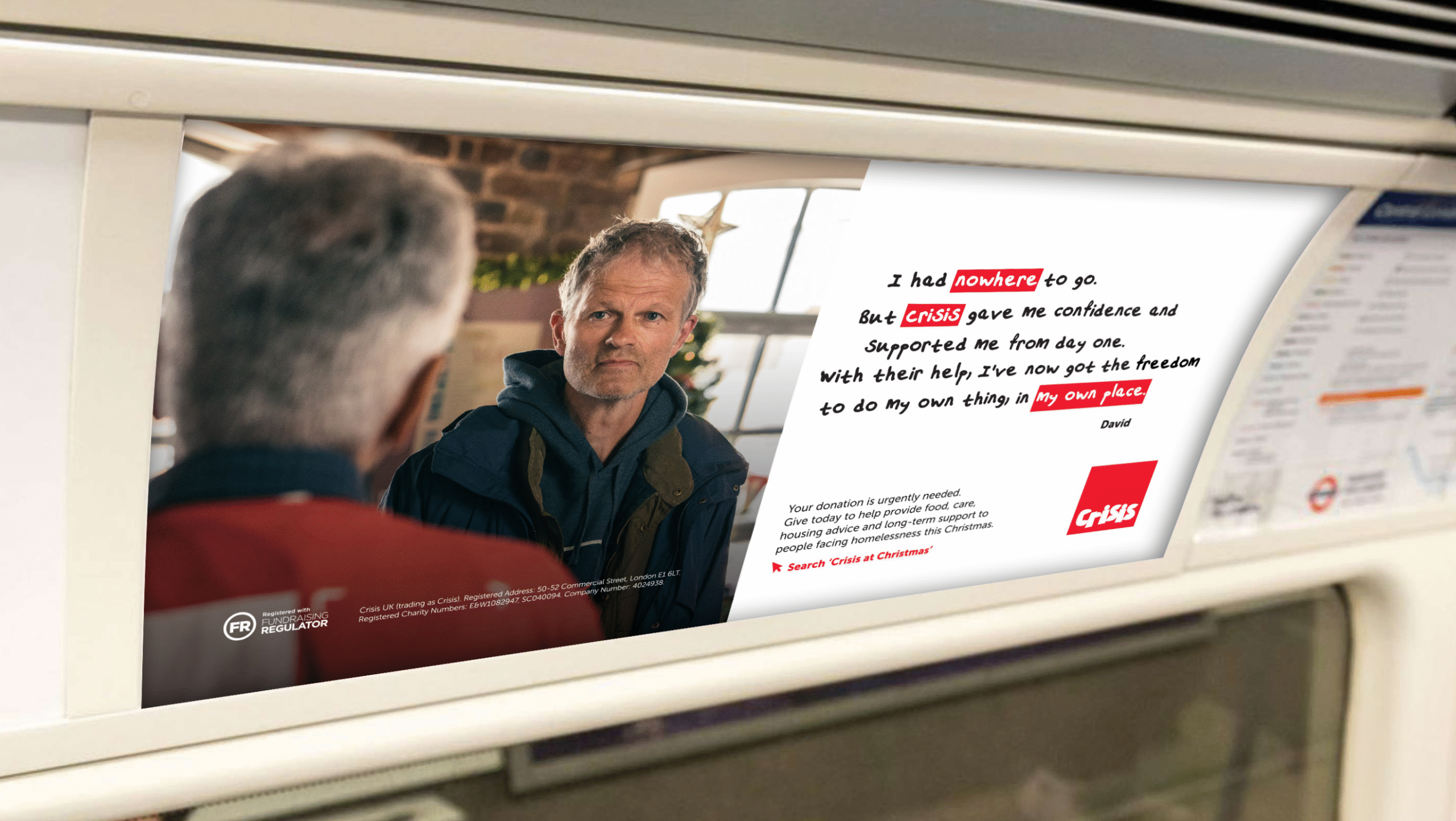 A tube card showing a photo of David and a Crisis employee. A quote from David in handwritten font is next to the photo.