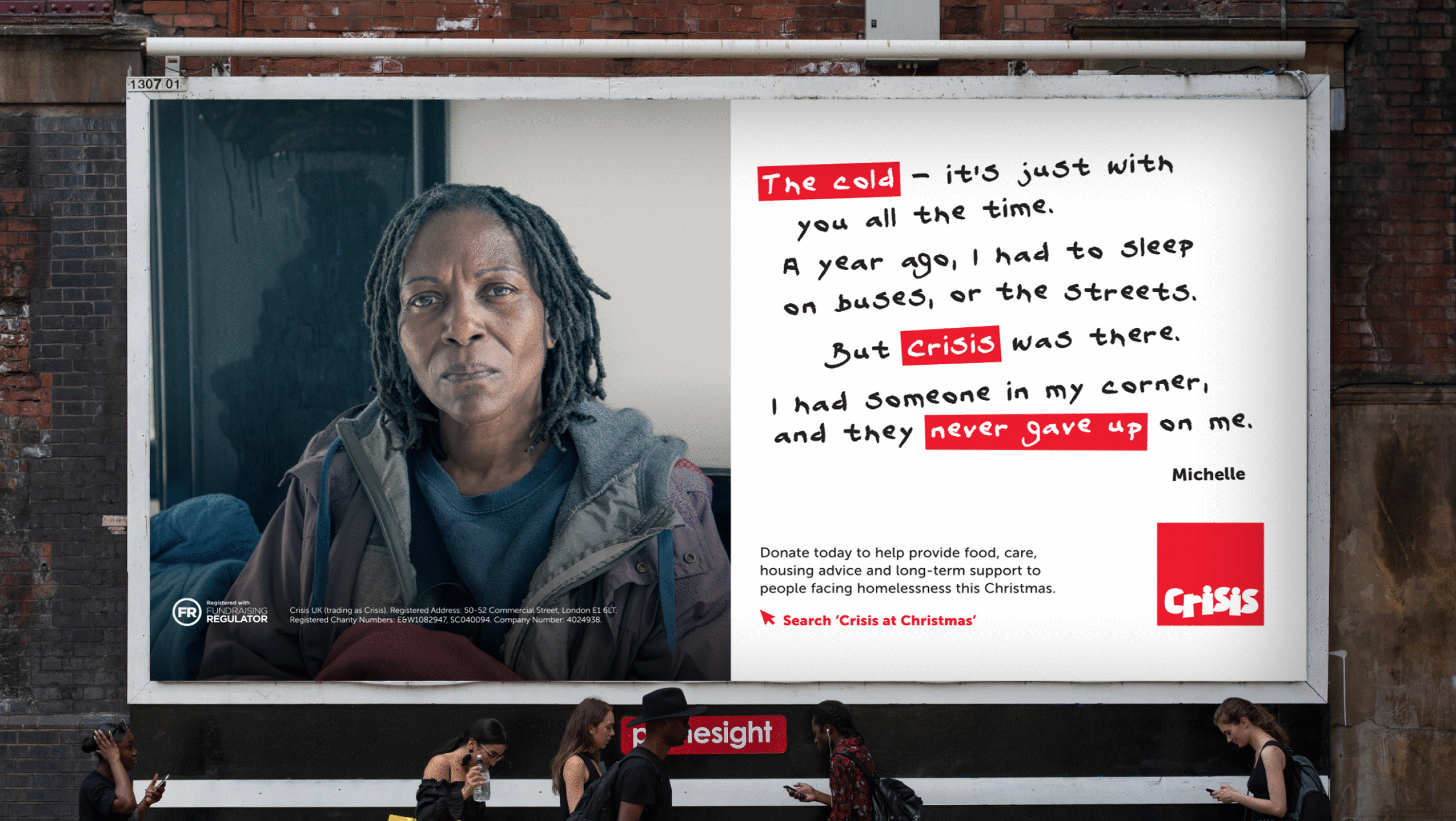 An image of a billboard poster made up of a photo of a woman called Michelle and her quote in a handwritten font next