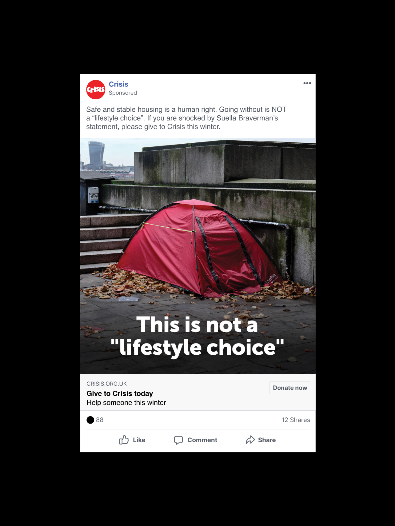 An image of a meta ad showing supporting copy and an image of a tent in a city with the text 'This is not a lifestyle choice' on