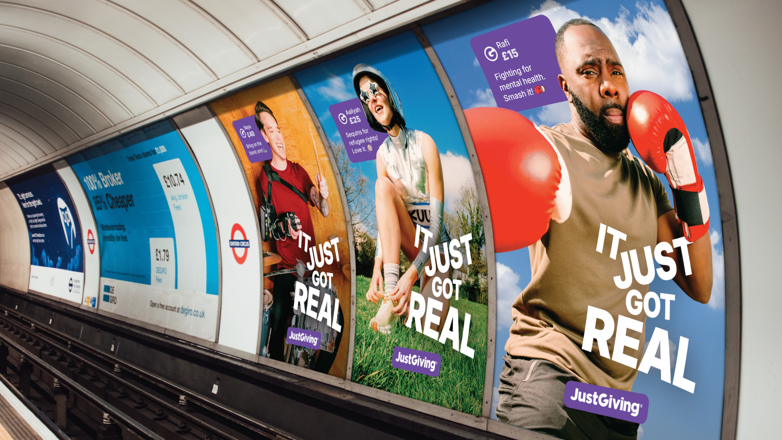 A mockup of a tube with three JustGiving It Just Got Real campaign posters in a row