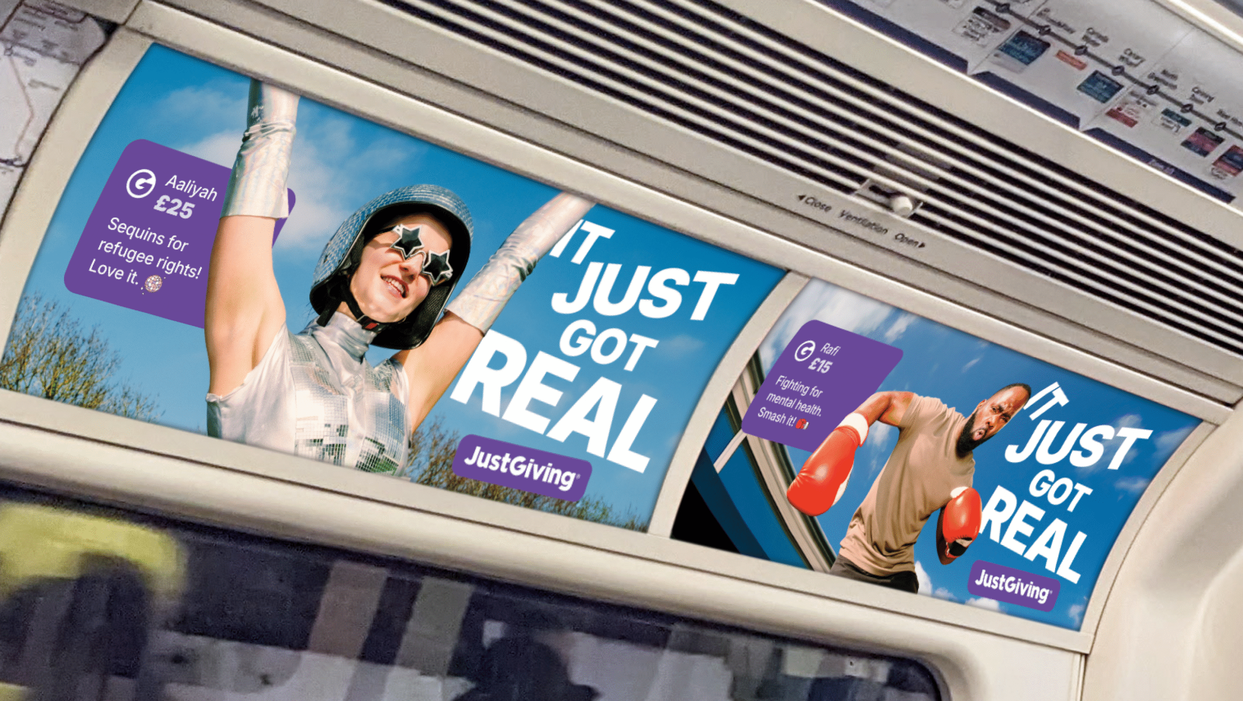 A mockup of two tube cards showing Freya and Javeno with 'It Just Got Real' in large text