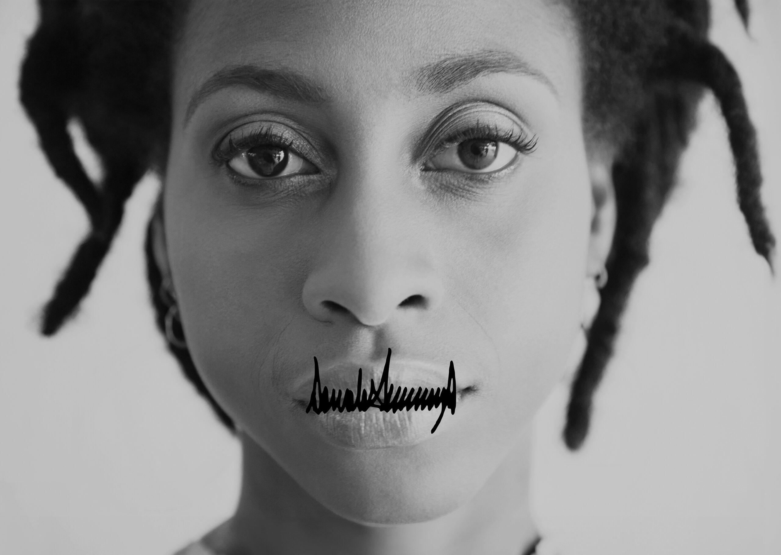 Black & White portrait of a woman with Donald Trump's signature across her mouth as if stitched shut.
