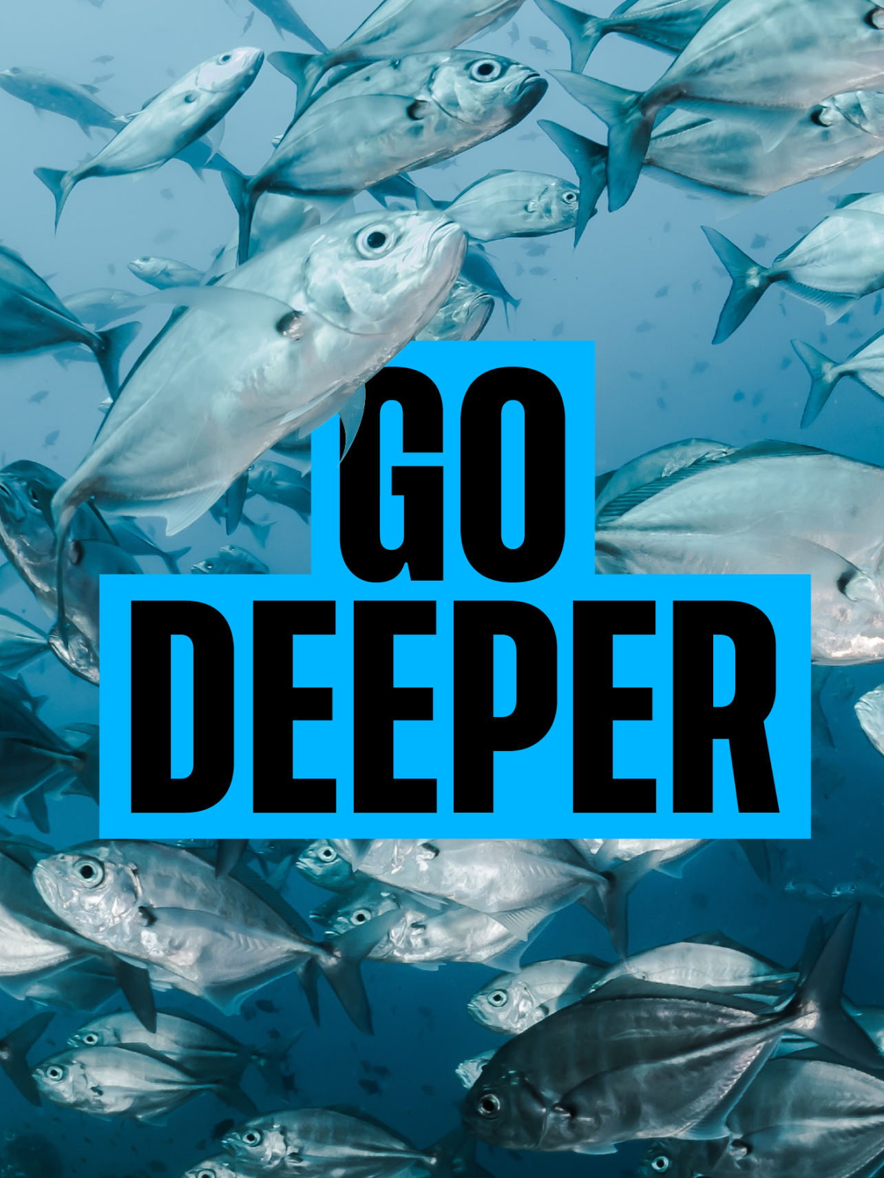Go deeper in large text overlayed on a image of a shoal of fish