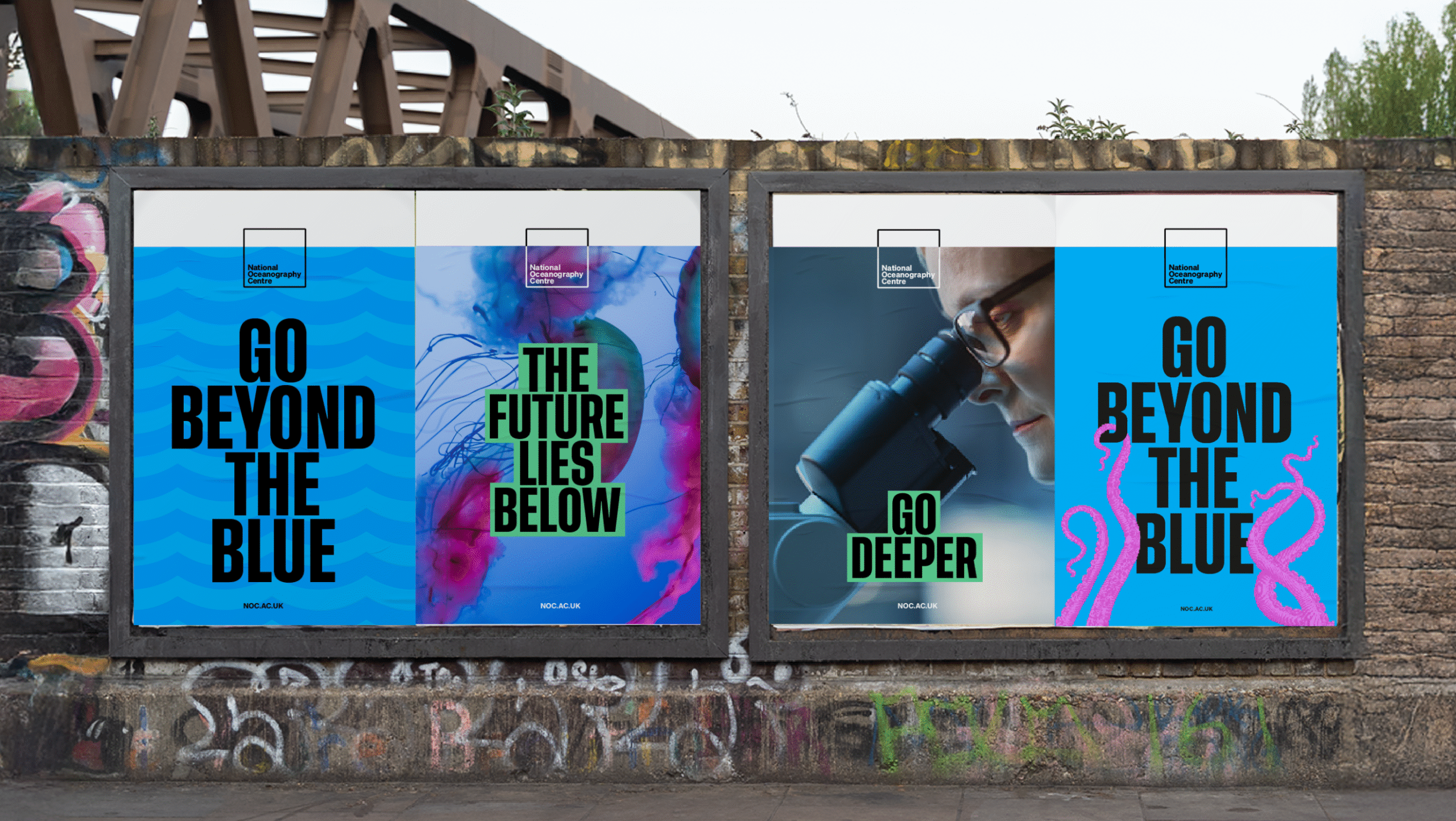 Four posters in a row for NOC's rebrand. Text says 'Go beyond the blue', 'The Future lies below' and 'Go Deeper'