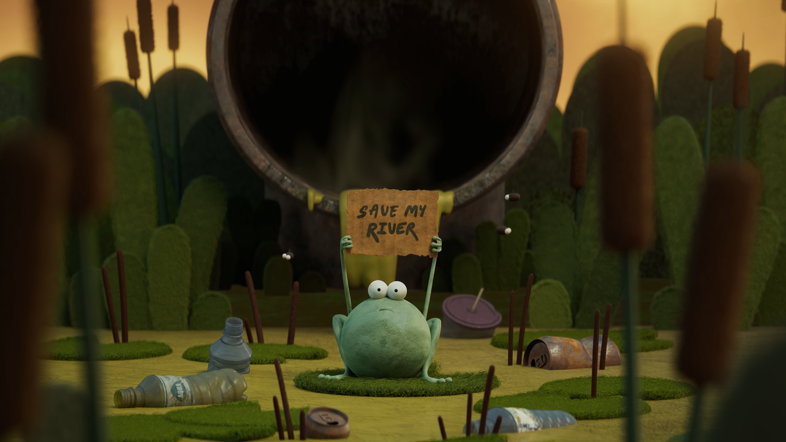 A still from the animated film for RSPB We Campaign Because They Can't. The image shows a frog in a swamp, surrounded by rubbish, holding up a sign with 'Save my river' written on.