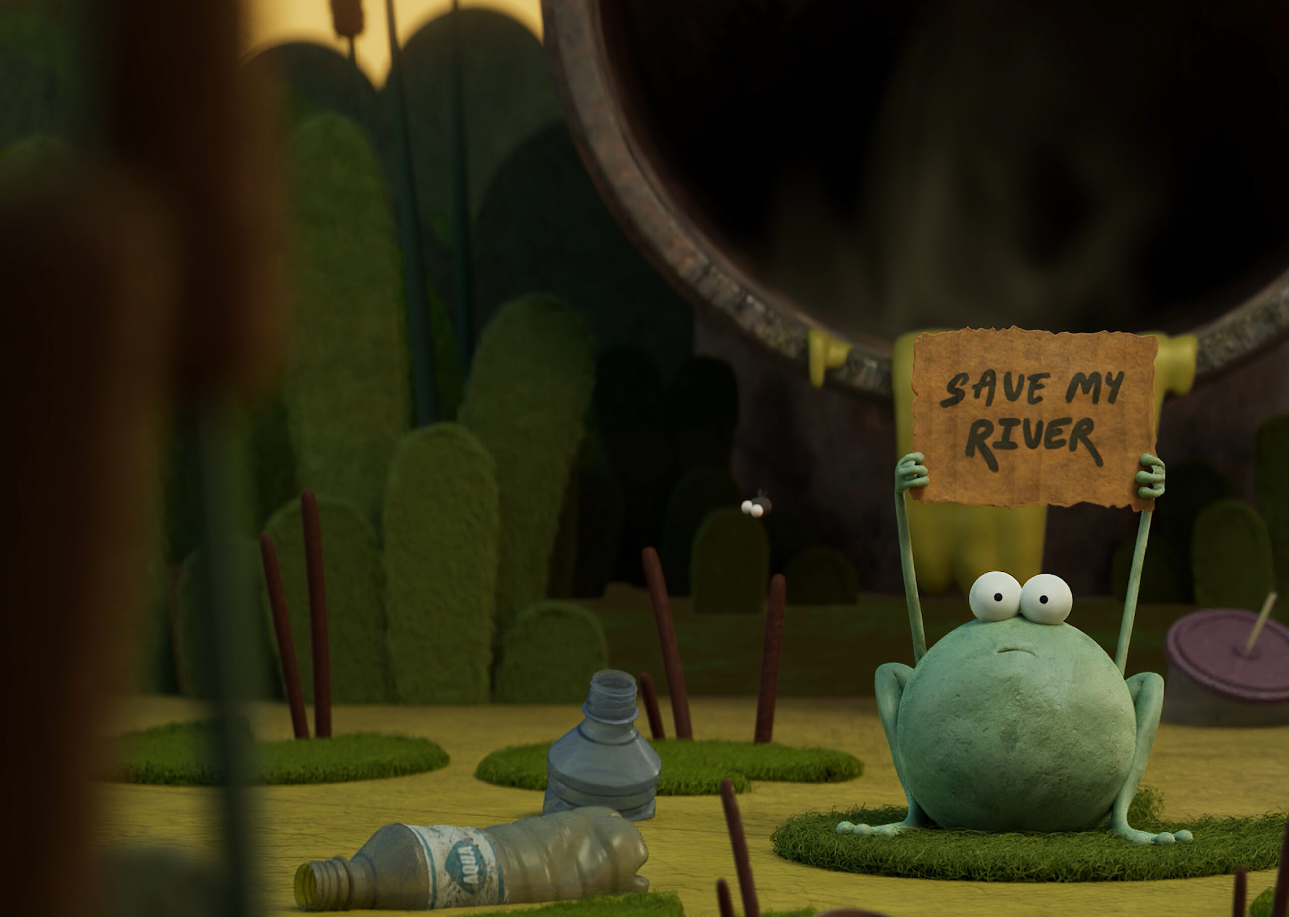 Image of an animated frog holding a sign saying 'Save my river' for RSPB