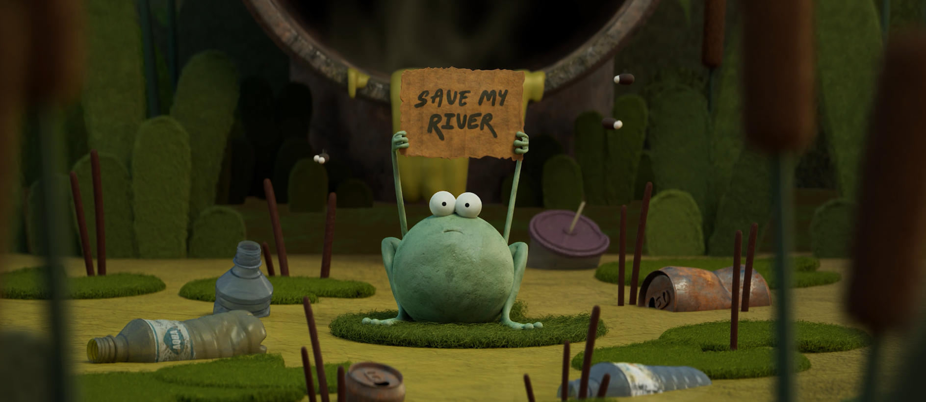 Animated frog holding a sign that says 'Save my river'
