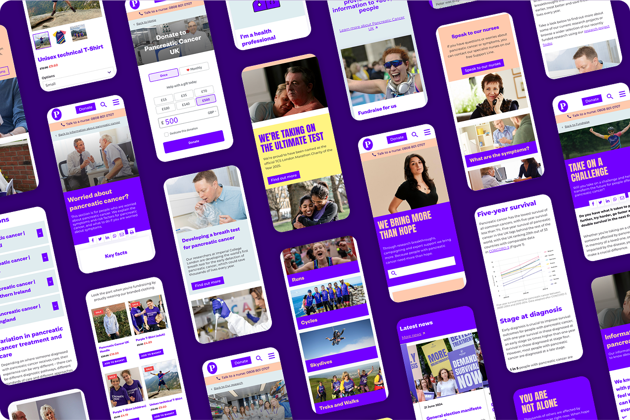 Multiple mobile screen shots of the Pancreatic Cancer UK website